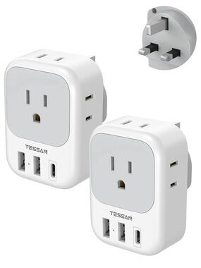 TESSAN UK Adapters for Travel, Type G Adaptor, 2 Pack 4 Outlets 3 USB, NEW